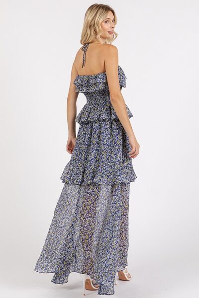 Mittoshop - Dark Navy Floral Ruffled Halter Neck Maxi Dress