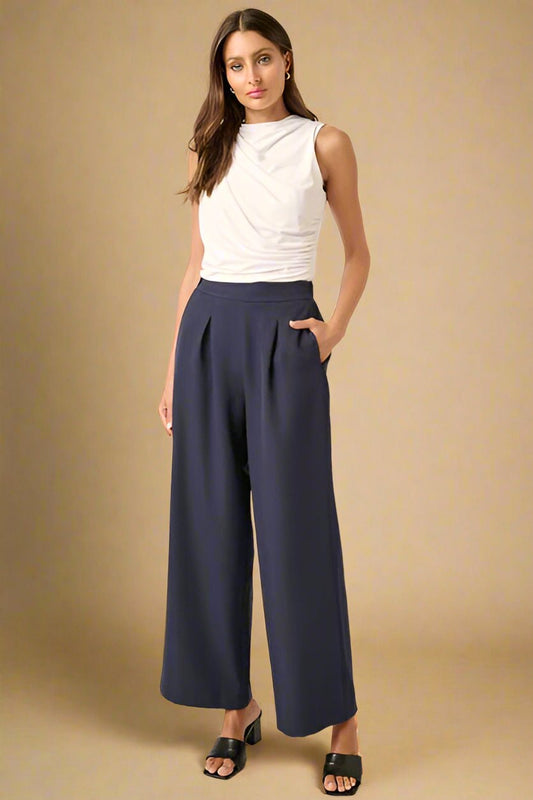 Mittoshop - Dark Navy Pleated Wide Leg Pants