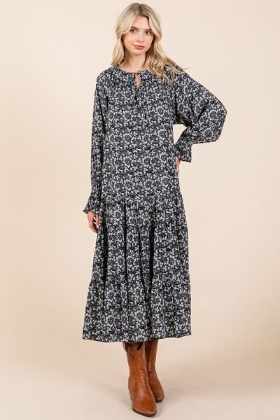 Mittoshop - Dark Navy Printed Flounce Sleeve Midi Dress