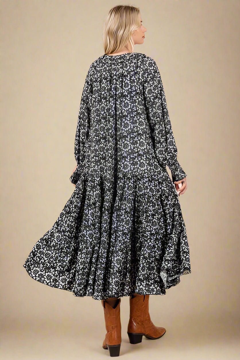 Mittoshop - Dark Navy Printed Flounce Sleeve Midi Dress