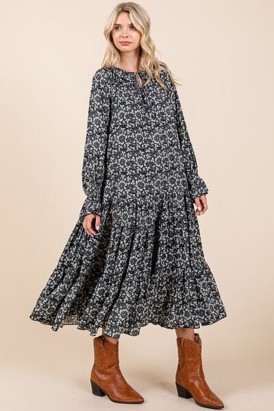 Mittoshop - Dark Navy Printed Flounce Sleeve Midi Dress