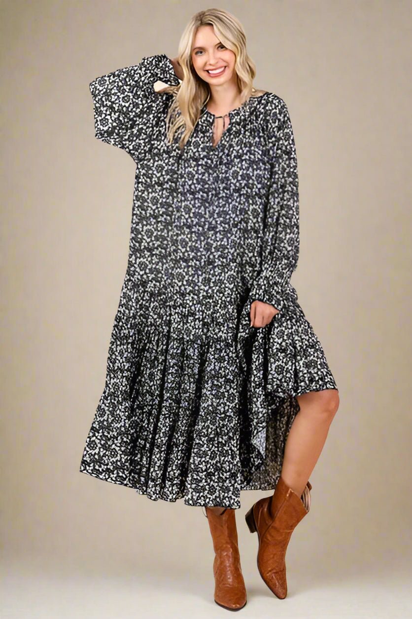 Mittoshop - Dark Navy Printed Flounce Sleeve Midi Dress