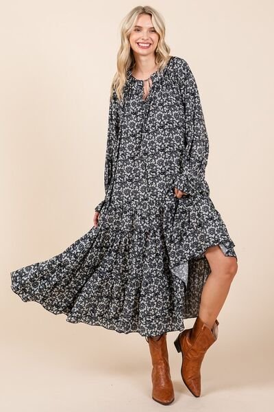 Mittoshop - Dark Navy Printed Flounce Sleeve Midi Dress