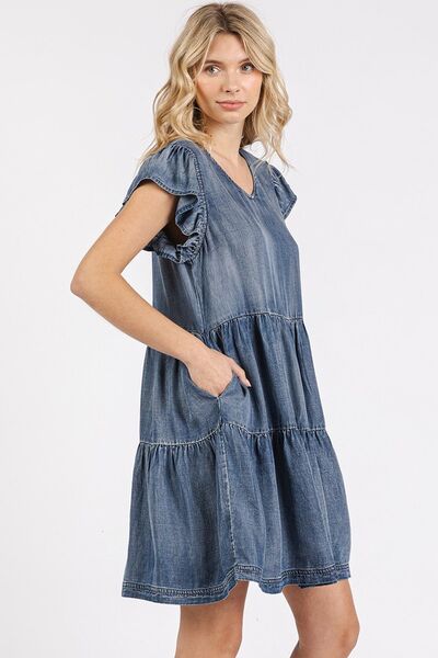 Mittoshop - Dark Wash Denim Ruffle Sleeve Mini Dress