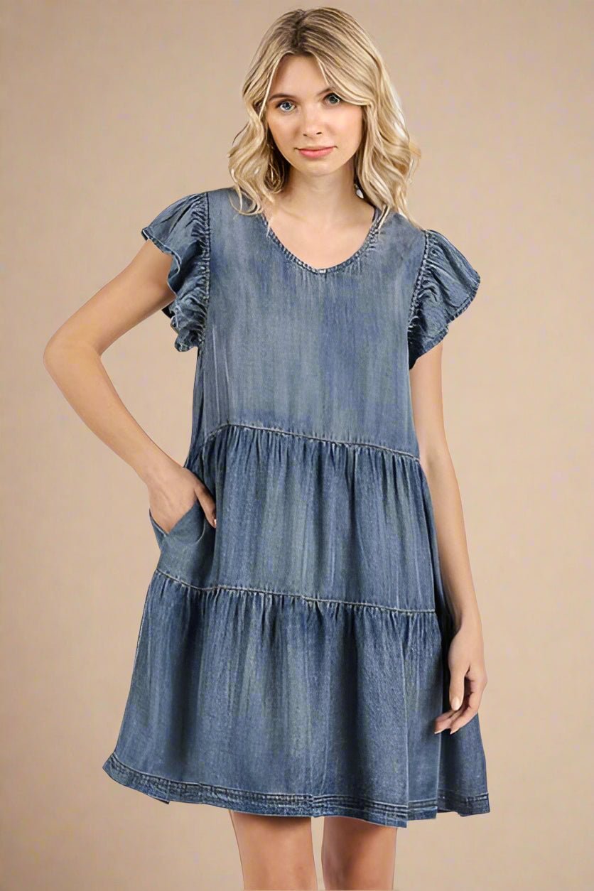 Mittoshop - Dark Wash Denim Ruffle Sleeve Mini Dress