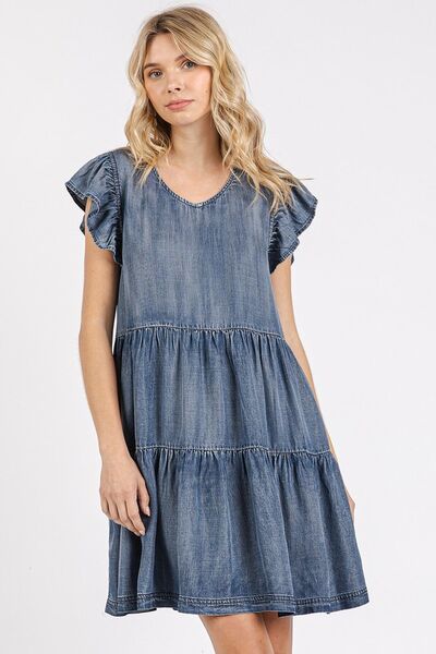 Mittoshop - Dark Wash Denim Ruffle Sleeve Mini Dress