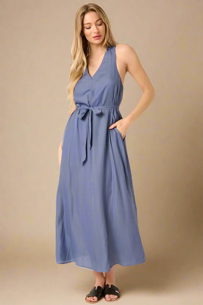 Mittoshop - Dusty Blue Belted Sleeveless Maxi Dress