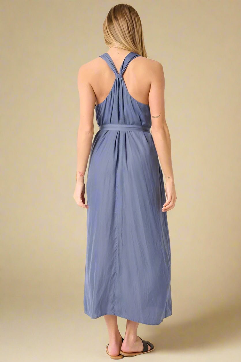 Mittoshop - Dusty Blue Belted Sleeveless Maxi Dress