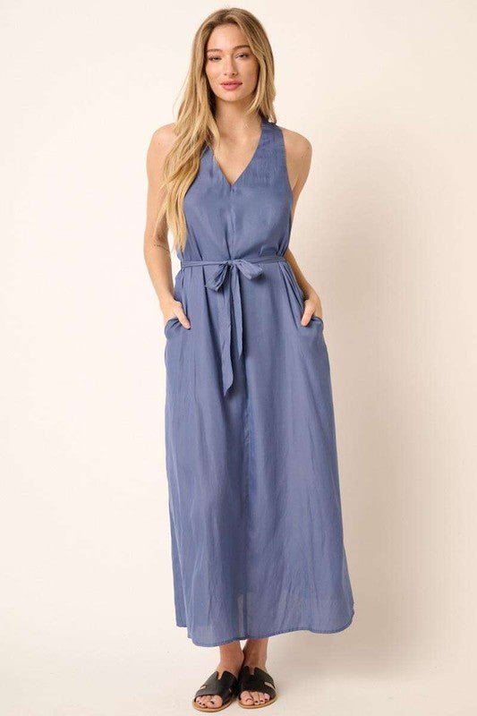 Mittoshop - Dusty Blue Belted Sleeveless Maxi Dress