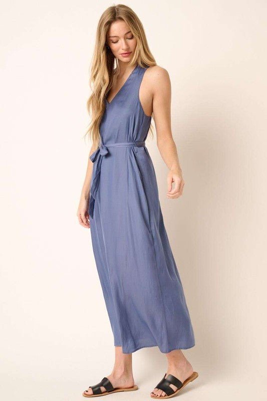 Mittoshop - Dusty Blue Belted Sleeveless Maxi Dress
