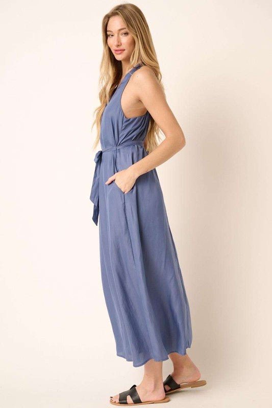 Mittoshop - Dusty Blue Belted Sleeveless Maxi Dress