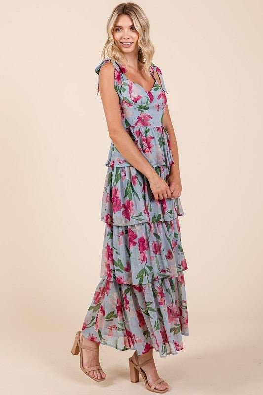 Mittoshop - Dusty Blue Layered Floral Sweetheart Neck Maxi Dress