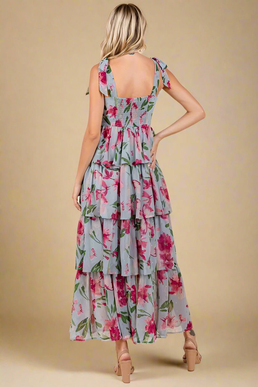 Mittoshop - Dusty Blue Layered Floral Sweetheart Neck Maxi Dress