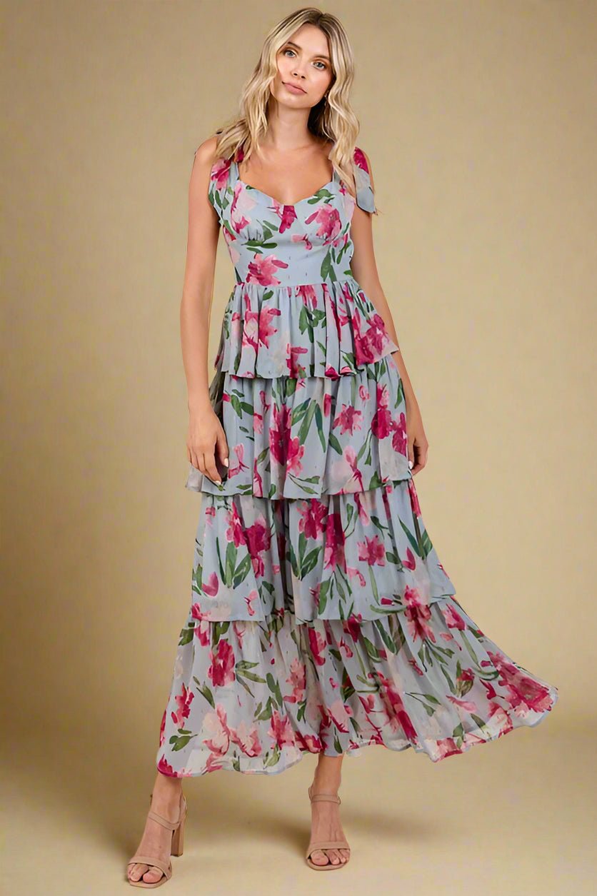Mittoshop - Dusty Blue Layered Floral Sweetheart Neck Maxi Dress