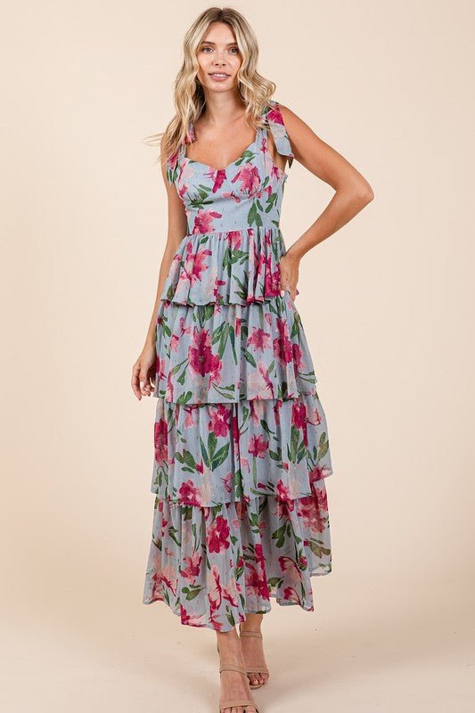 Mittoshop - Dusty Blue Layered Floral Sweetheart Neck Maxi Dress