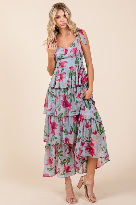 Mittoshop - Dusty Blue Layered Floral Sweetheart Neck Maxi Dress