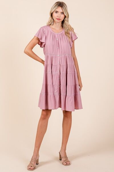 Mittoshop - Dusty Pink Lace Detail Tiered Mini Dress