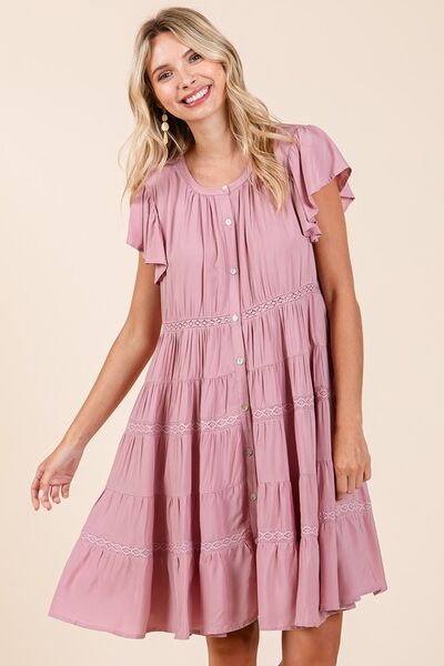 Mittoshop - Dusty Pink Lace Detail Tiered Mini Dress