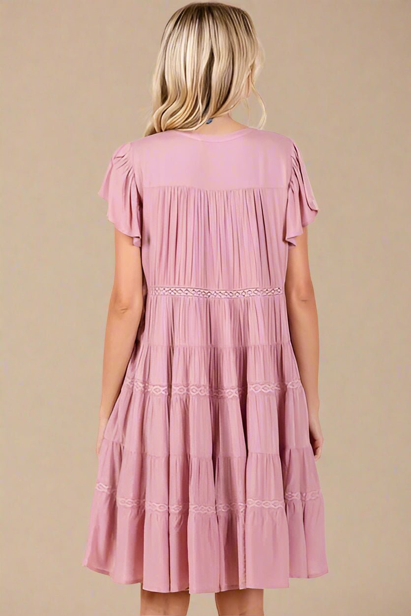 Mittoshop - Dusty Pink Lace Detail Tiered Mini Dress