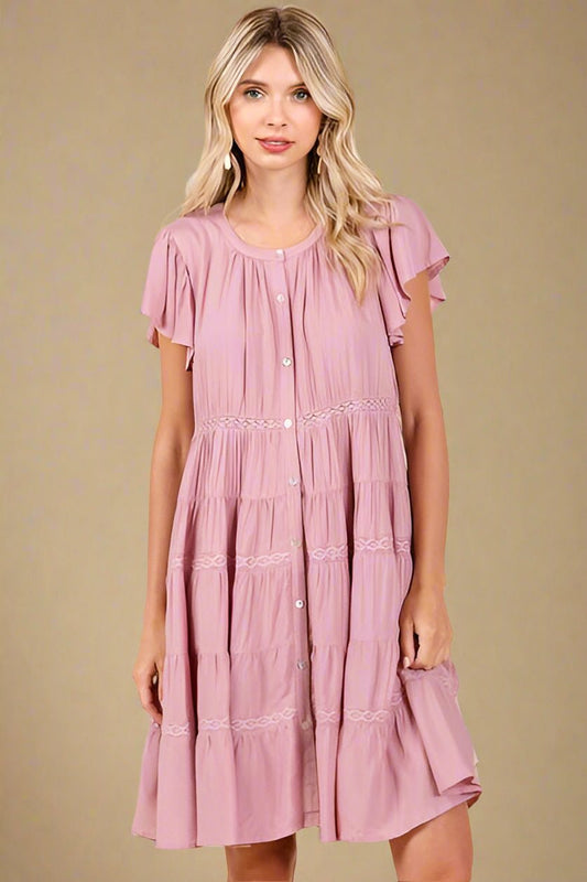 Mittoshop - Dusty Pink Lace Detail Tiered Mini Dress