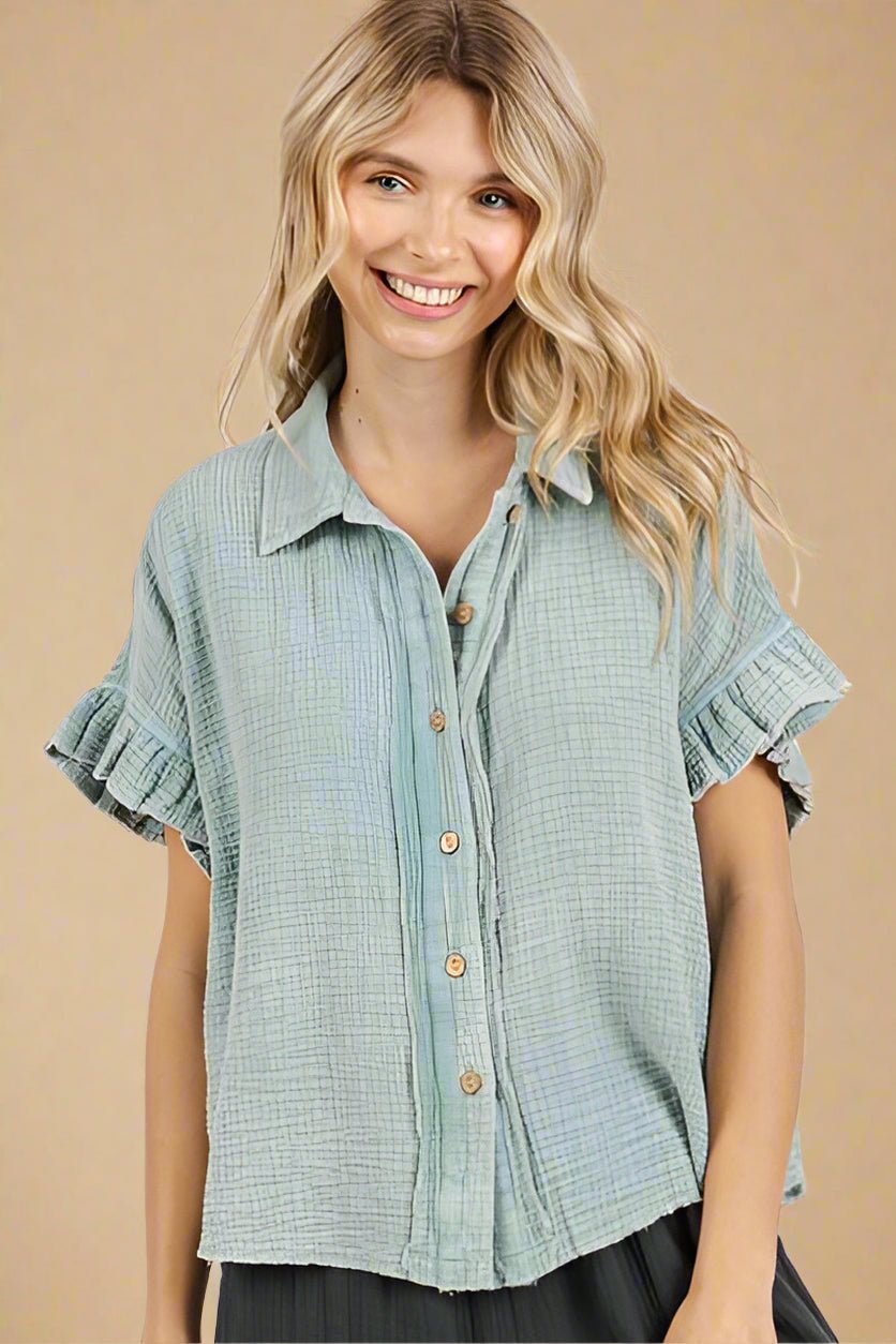 Mittoshop - Faded Blue Mineral Washed Flounce Sleeve Shirt