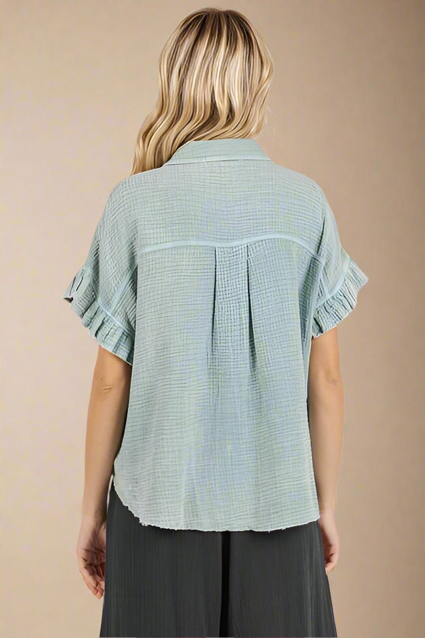 Mittoshop - Faded Blue Mineral Washed Flounce Sleeve Shirt