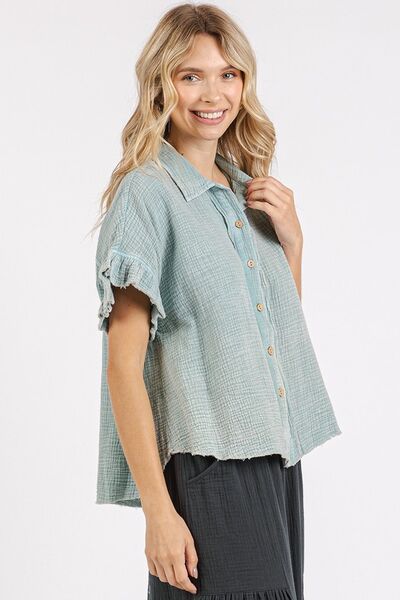 Mittoshop - Faded Blue Mineral Washed Flounce Sleeve Shirt