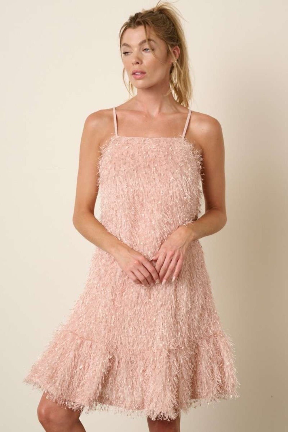 Mittoshop - Feather Ruffle Hem Mini Cami Dress in Blush