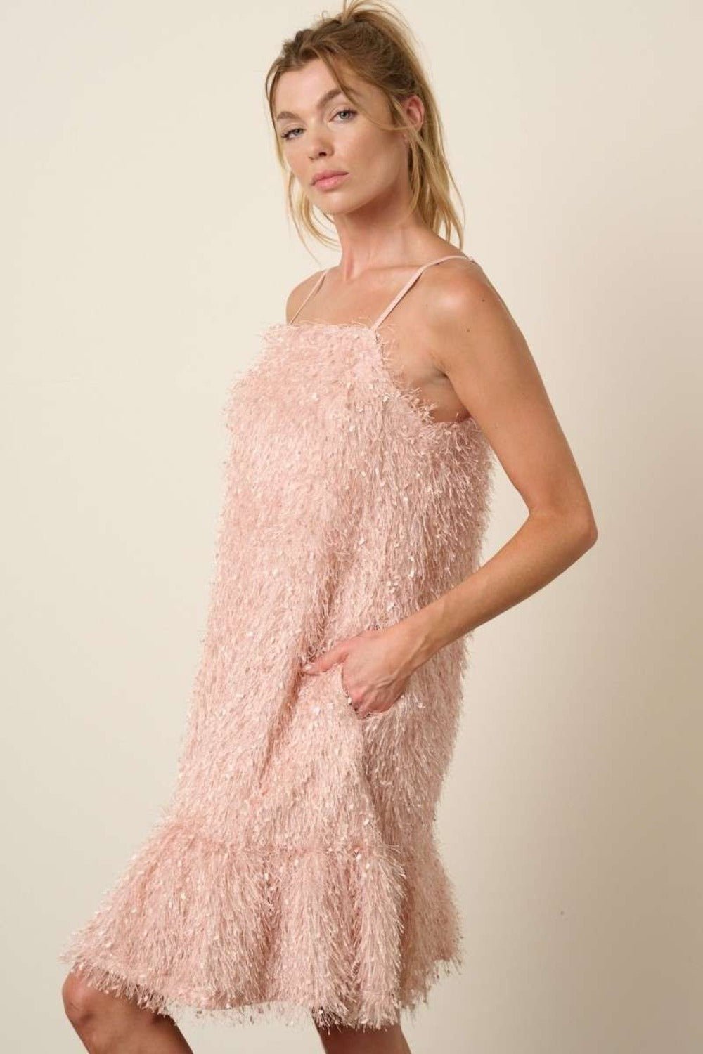 Mittoshop - Feather Ruffle Hem Mini Cami Dress in Blush