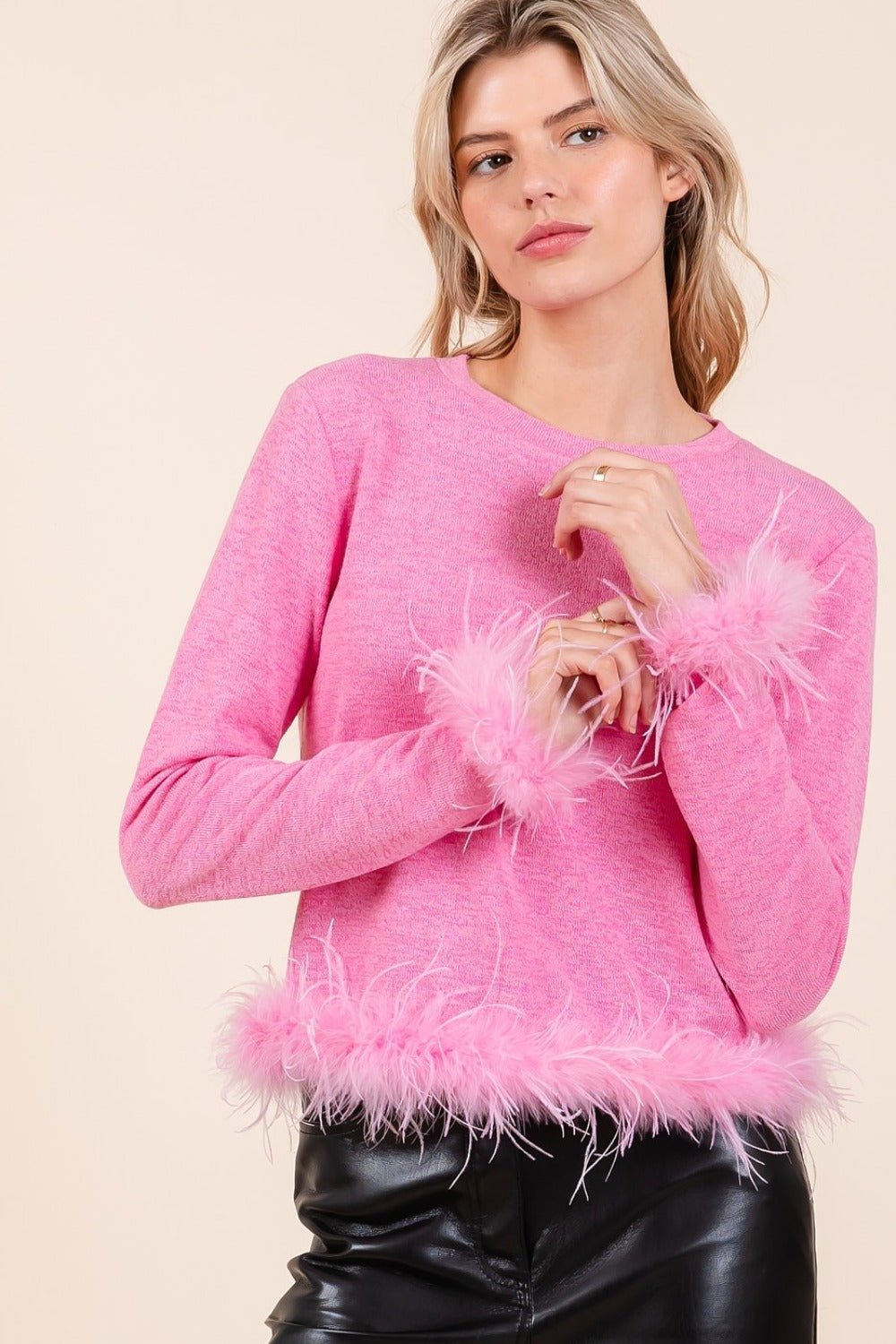 Mittoshop - Feather Trim Knit Crop Top in Bubble Gum