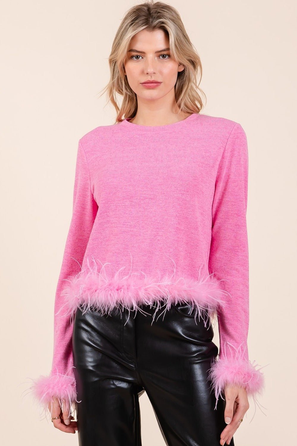 Mittoshop - Feather Trim Knit Crop Top in Bubble Gum