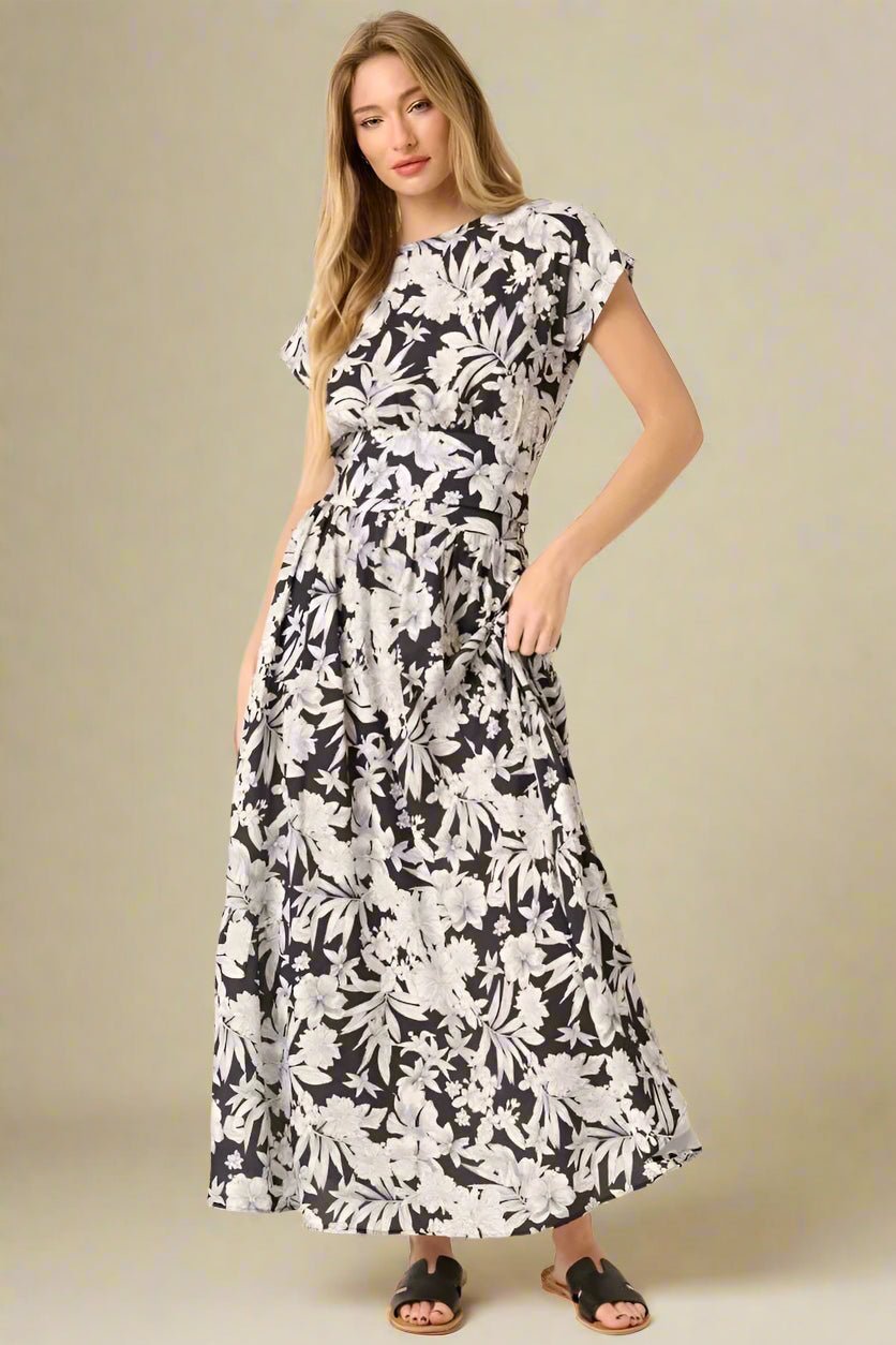 Mittoshop - Floral Cap Sleeve Top & Maxi Skirt Set in Black & Ivory