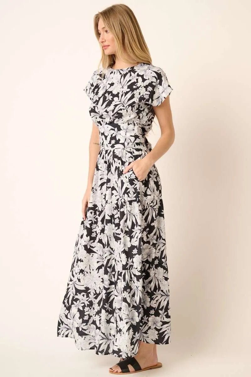 Mittoshop - Floral Cap Sleeve Top & Maxi Skirt Set in Black & Ivory