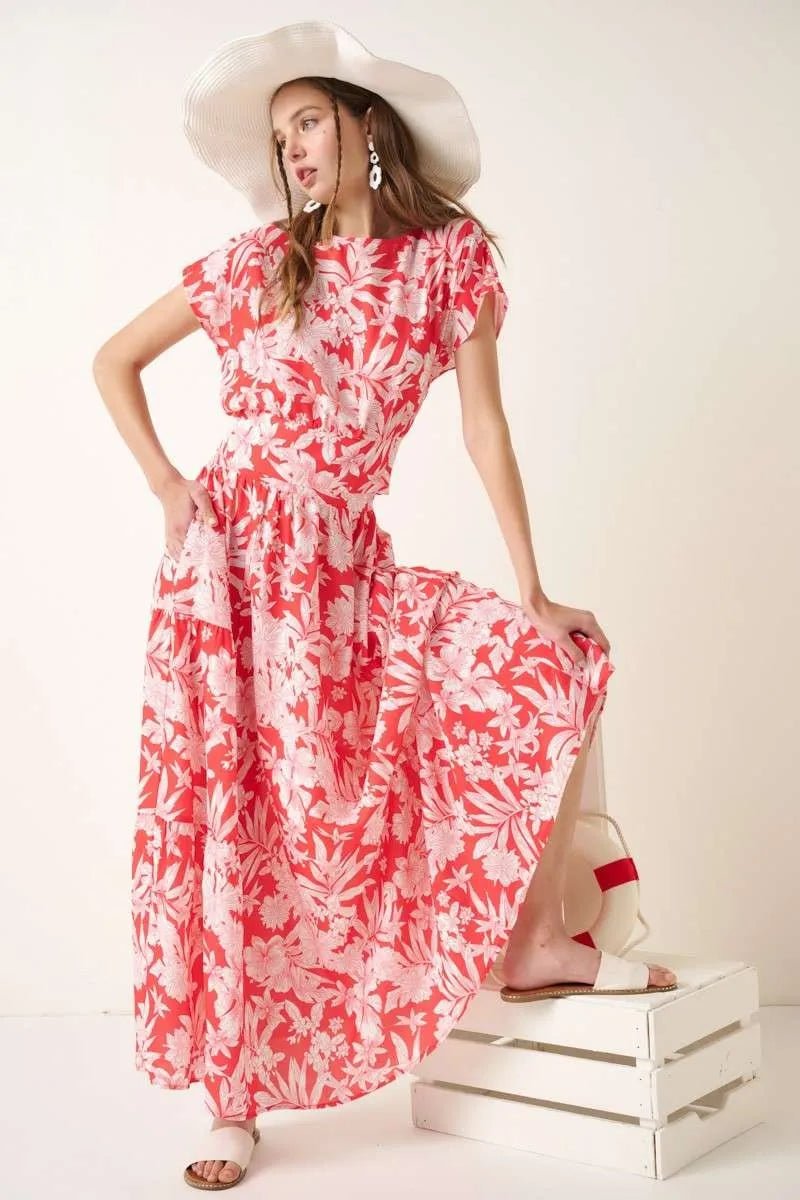 Mittoshop - Floral Cap Sleeve Top & Maxi Skirt Set in Coral Red & Pink