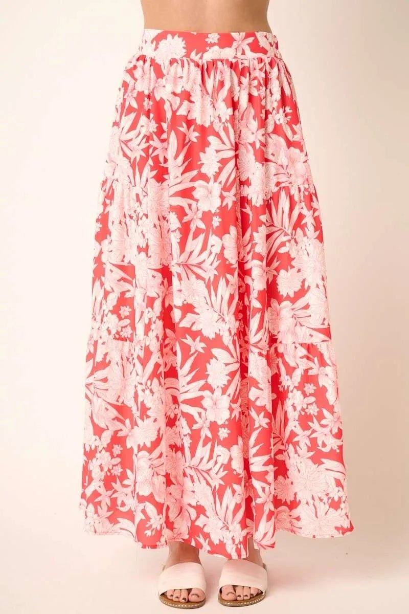Mittoshop - Floral Cap Sleeve Top & Maxi Skirt Set in Coral Red & Pink