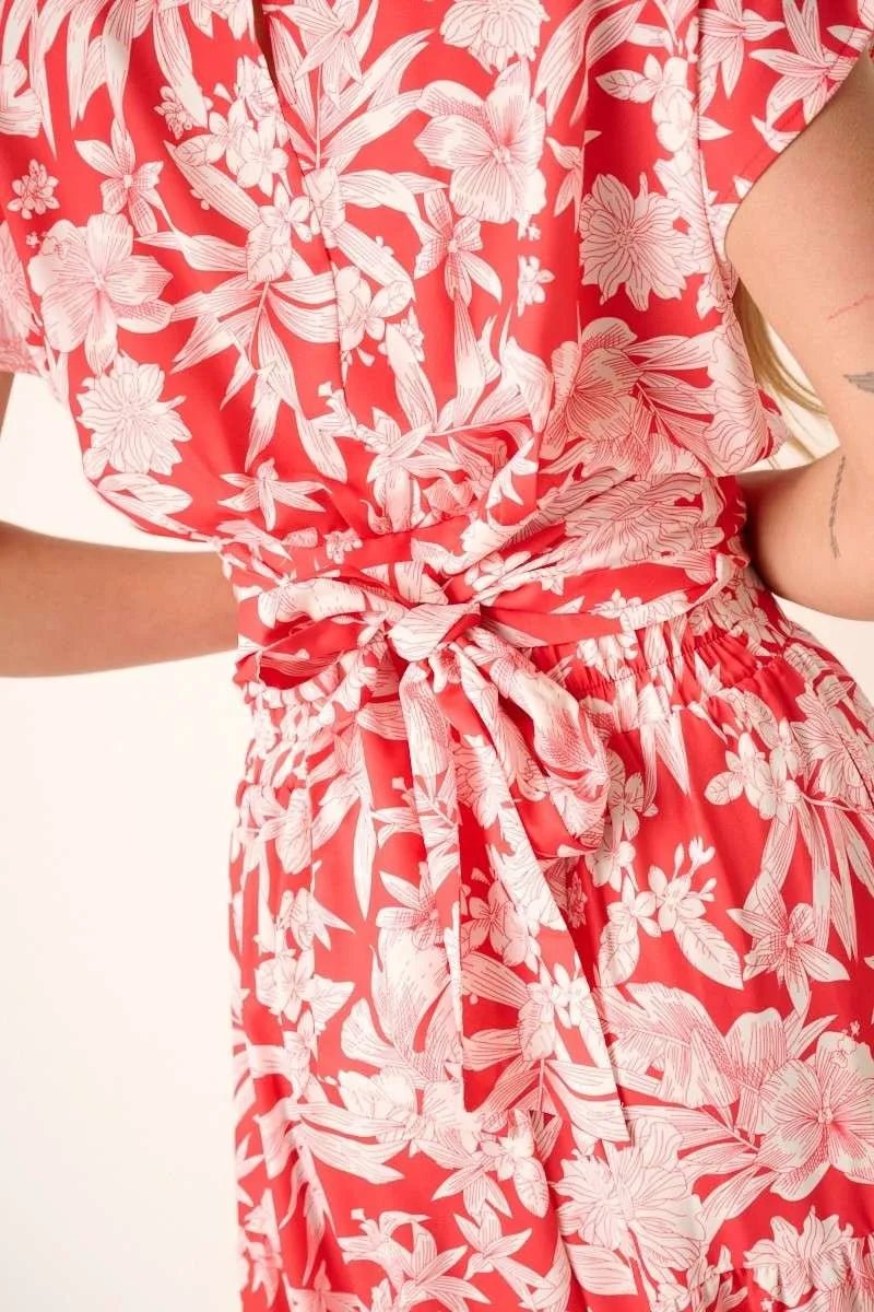 Mittoshop - Floral Cap Sleeve Top & Maxi Skirt Set in Coral Red & Pink