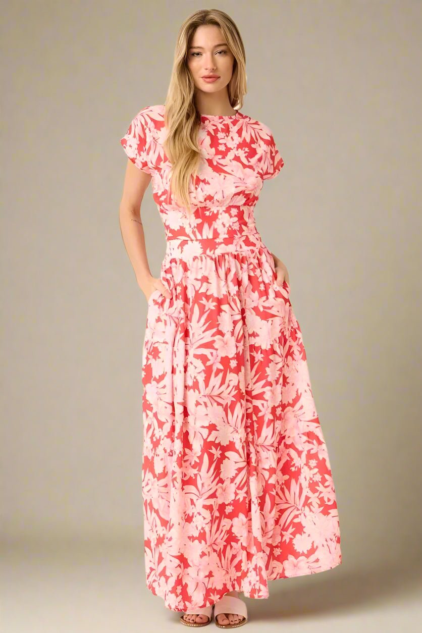 Mittoshop - Floral Cap Sleeve Top & Maxi Skirt Set in Coral Red & Pink