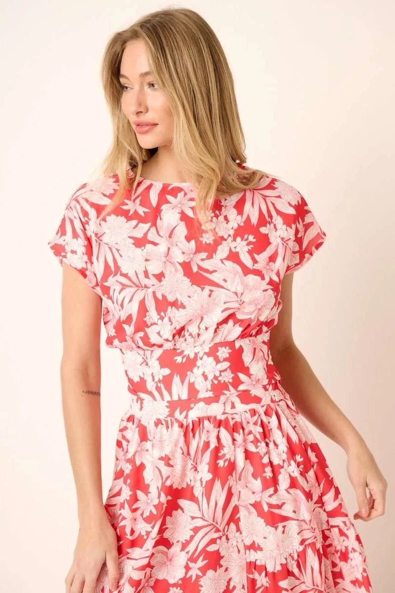 Mittoshop - Floral Cap Sleeve Top & Maxi Skirt Set in Coral Red & Pink