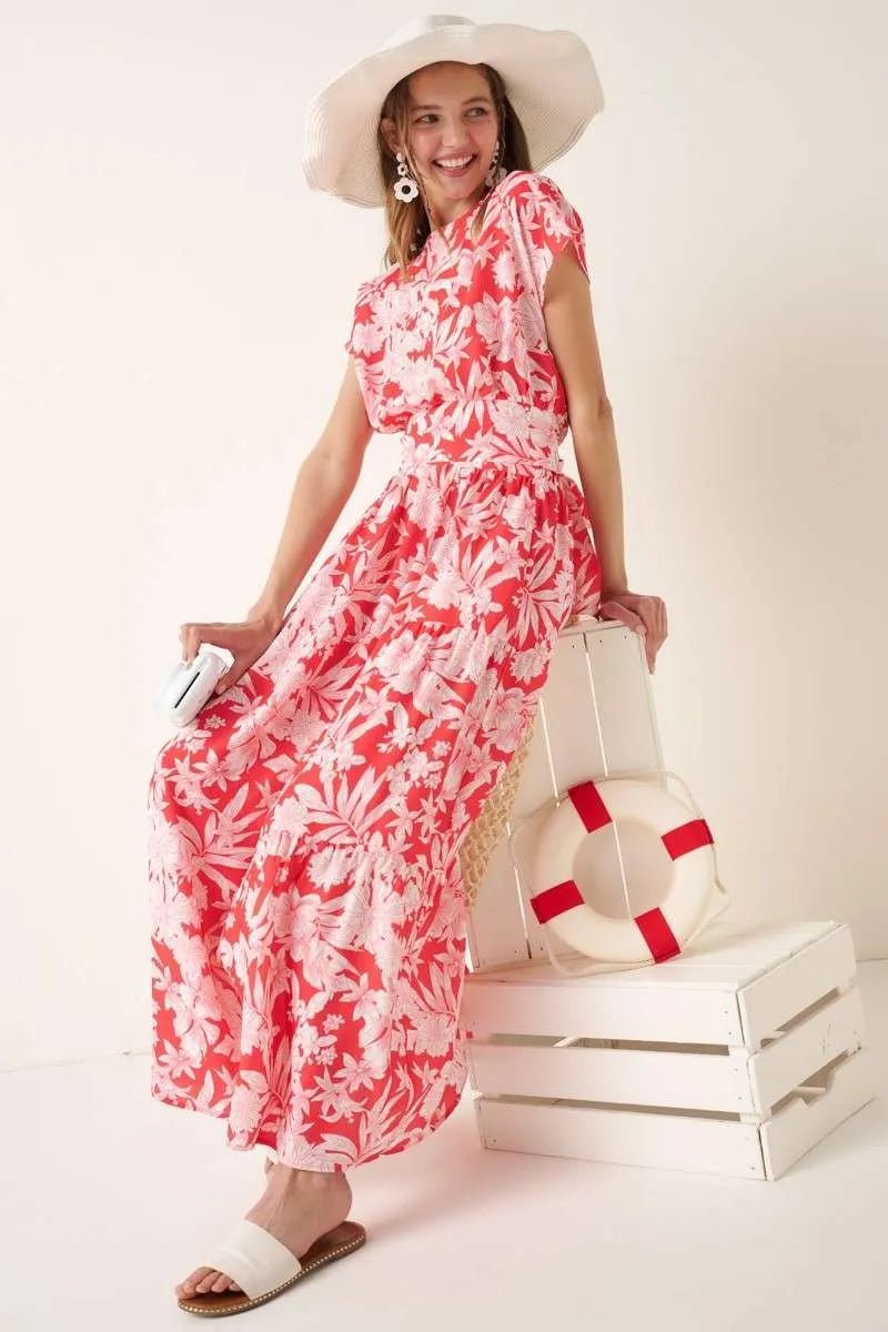 Mittoshop - Floral Cap Sleeve Top & Maxi Skirt Set in Coral Red & Pink