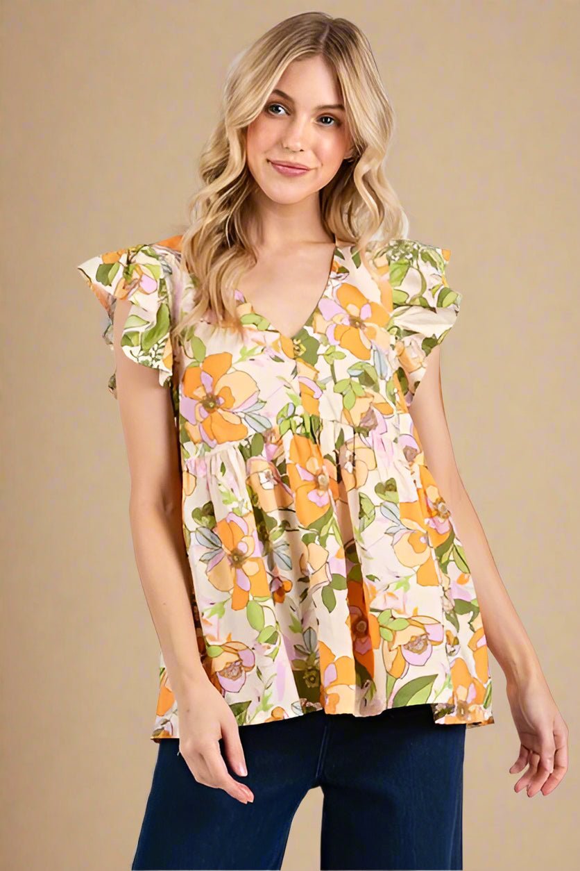 Mittoshop - Floral Ruffled Cap Sleeve Blouse in Tangerine