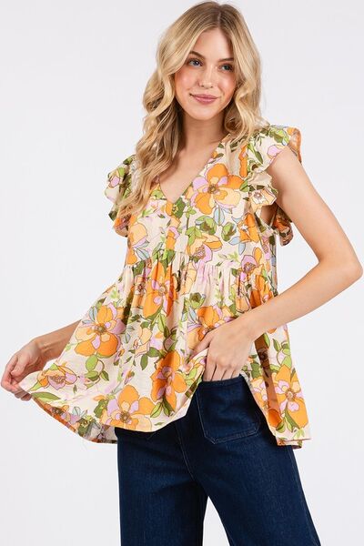 Mittoshop - Floral Ruffled Cap Sleeve Blouse in Tangerine