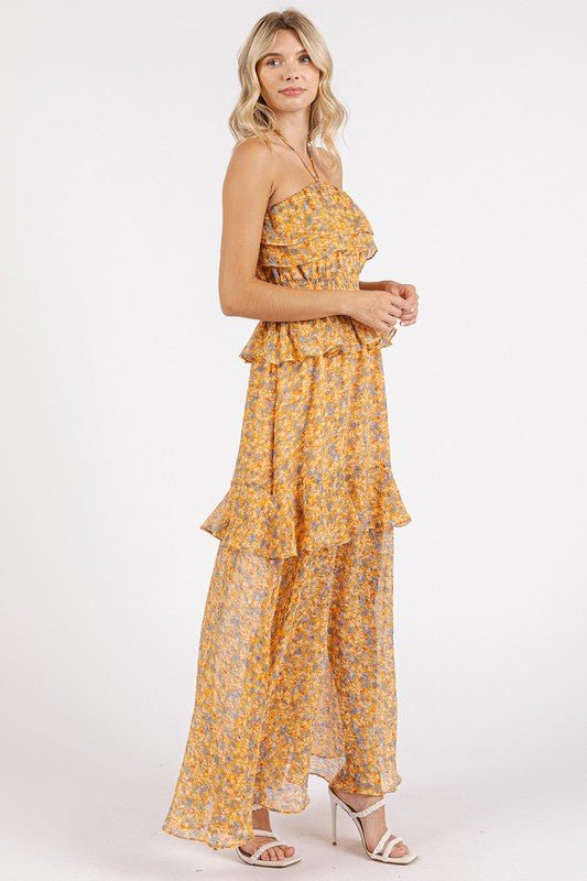 Mittoshop - Floral Ruffled Halter Neck Maxi Dress in Tangerine