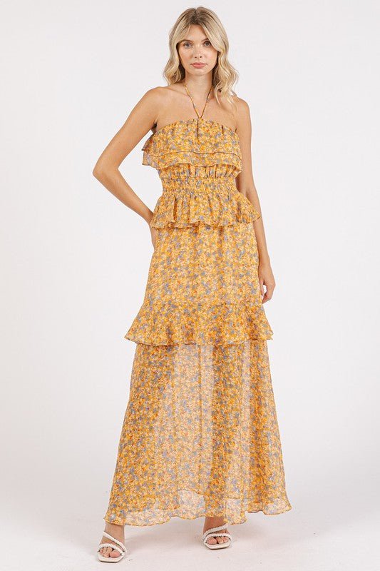 Mittoshop - Floral Ruffled Halter Neck Maxi Dress in Tangerine