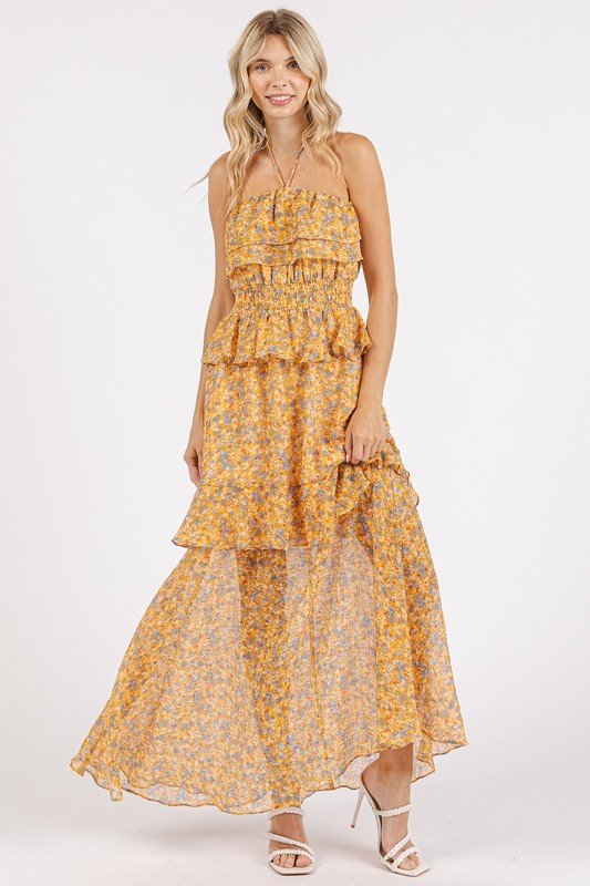 Mittoshop - Floral Ruffled Halter Neck Maxi Dress in Tangerine