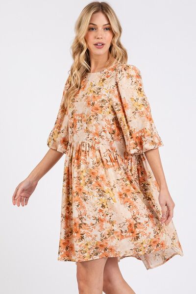 Mittoshop - Flower Print Babydoll Mini Dress in Tangerine