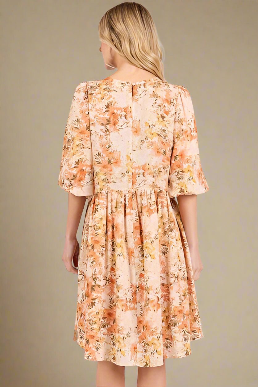 Mittoshop - Flower Print Babydoll Mini Dress in Tangerine