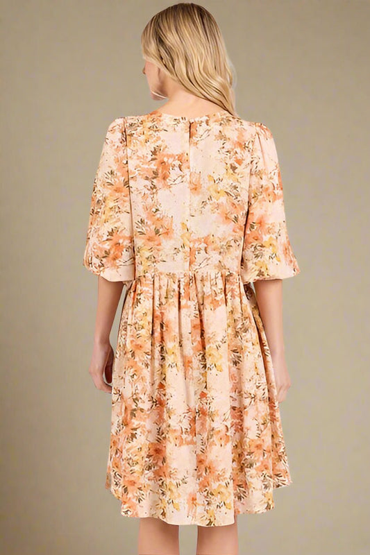 Mittoshop - Flower Print Babydoll Mini Dress in Tangerine