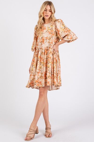 Mittoshop - Flower Print Babydoll Mini Dress in Tangerine