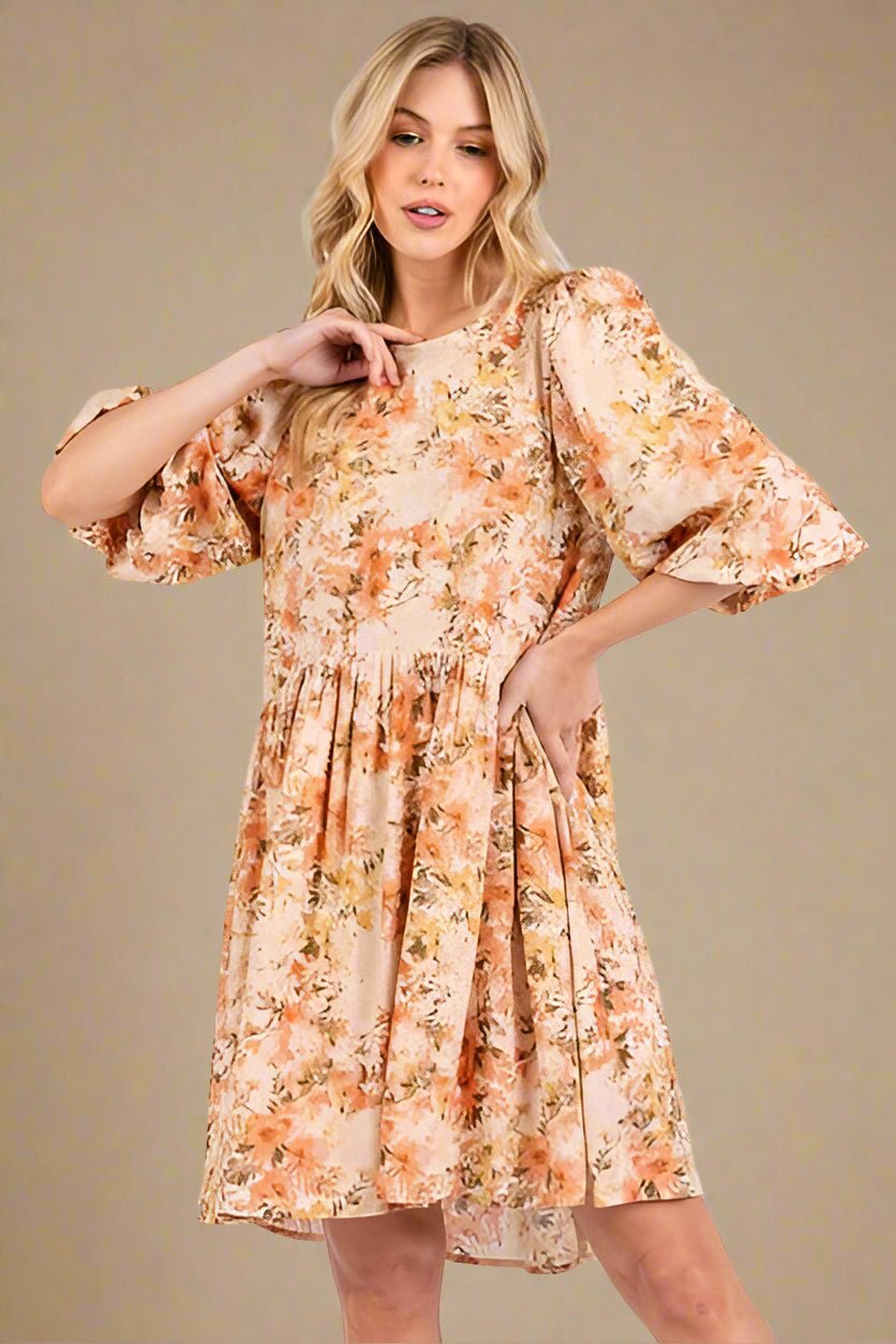 Mittoshop - Flower Print Babydoll Mini Dress in Tangerine