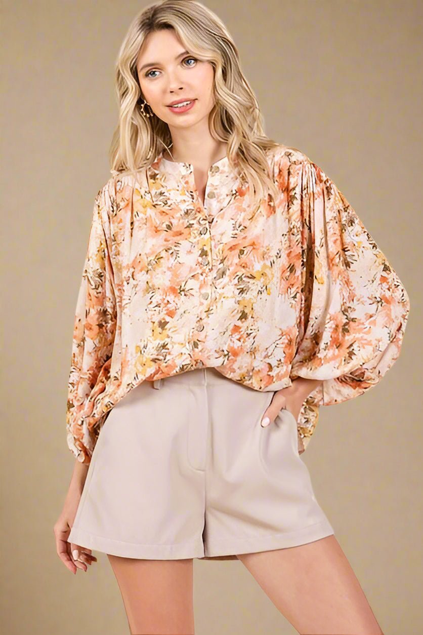 Mittoshop - Flower Print Batwing Blouse in Ginger